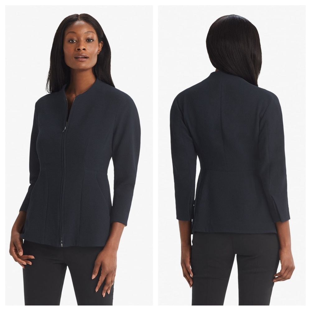 MM Lafleur The Higgins Jacket Staccato Full-Zip Cinch Waist Flare Pockets Blue